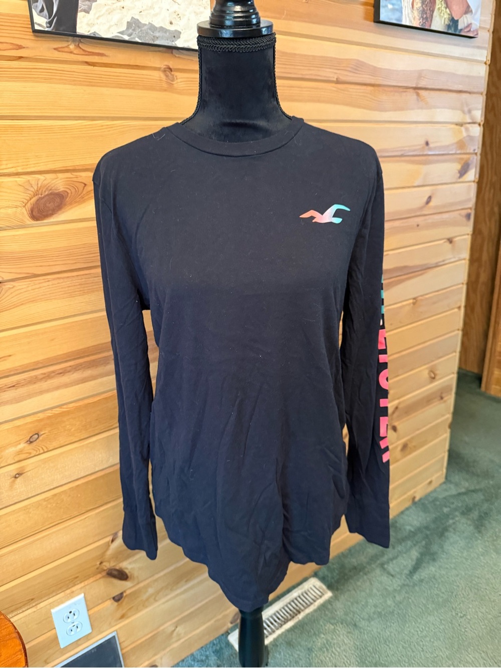 Hollister Black Long Sleeve Tee with Pink & Teal Logo